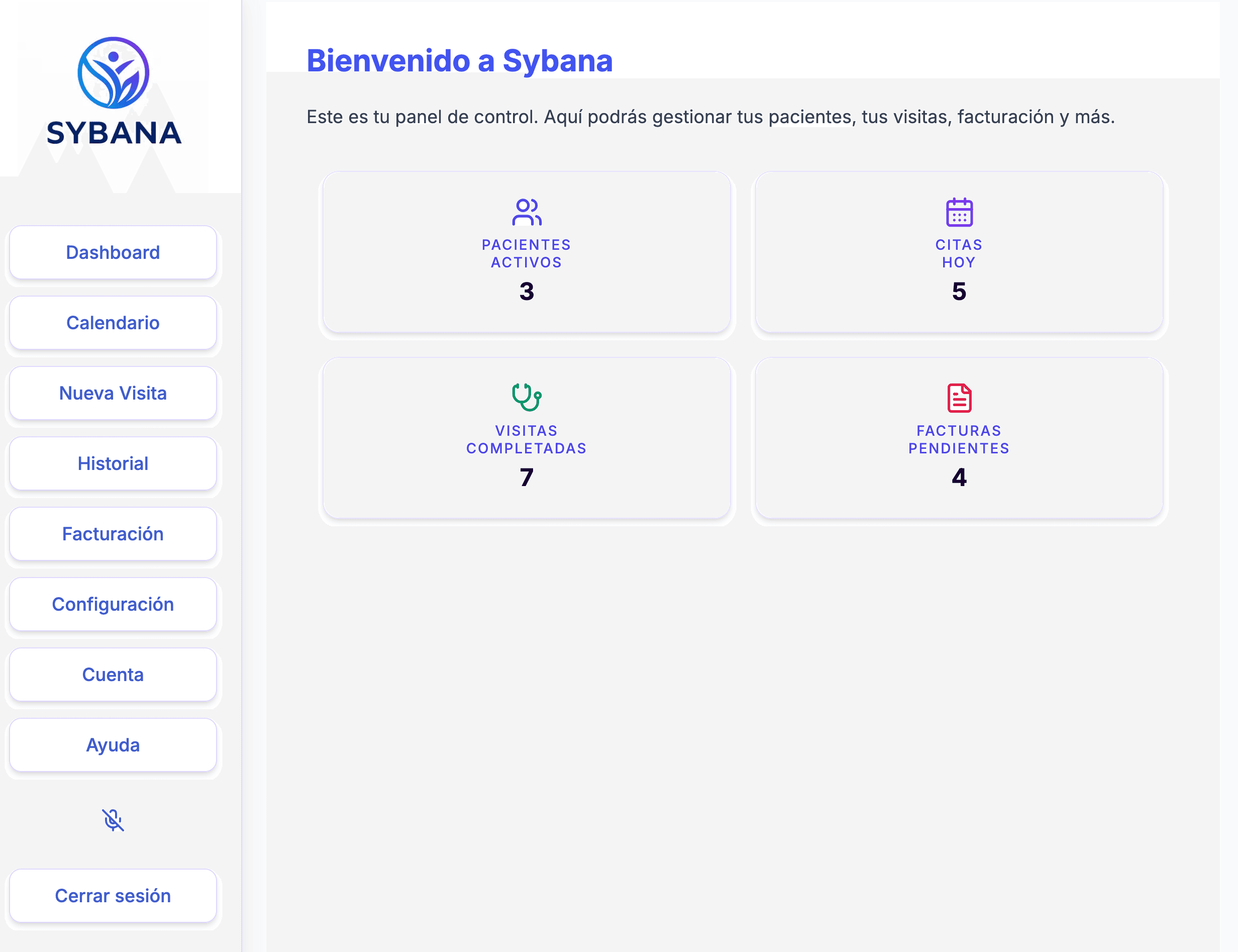 Sybana interface showing the patients dashboard